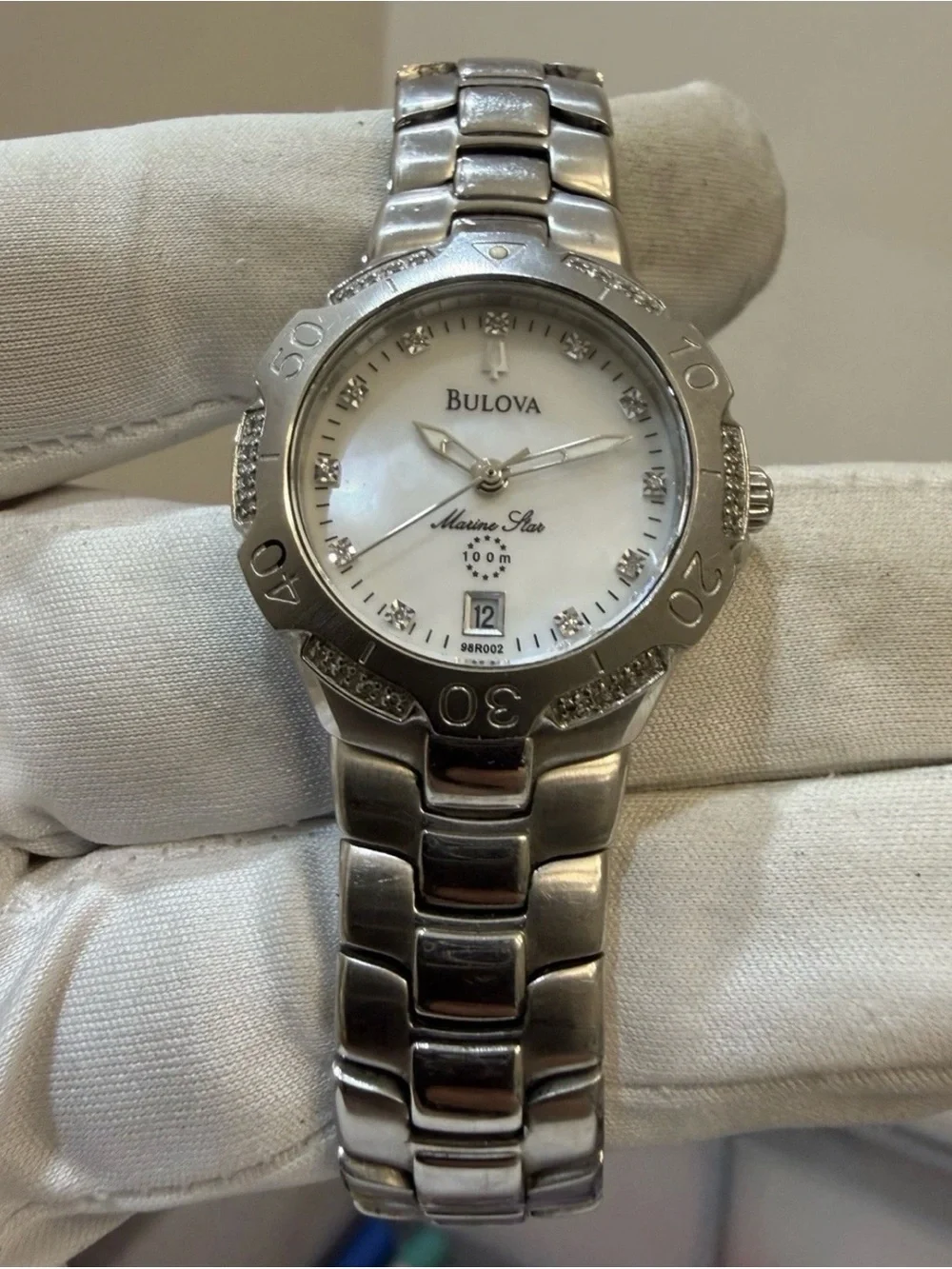 Bulova Marine Star 96R002 Womens Diamond Watch Mother of Pearl Stainless Steel
